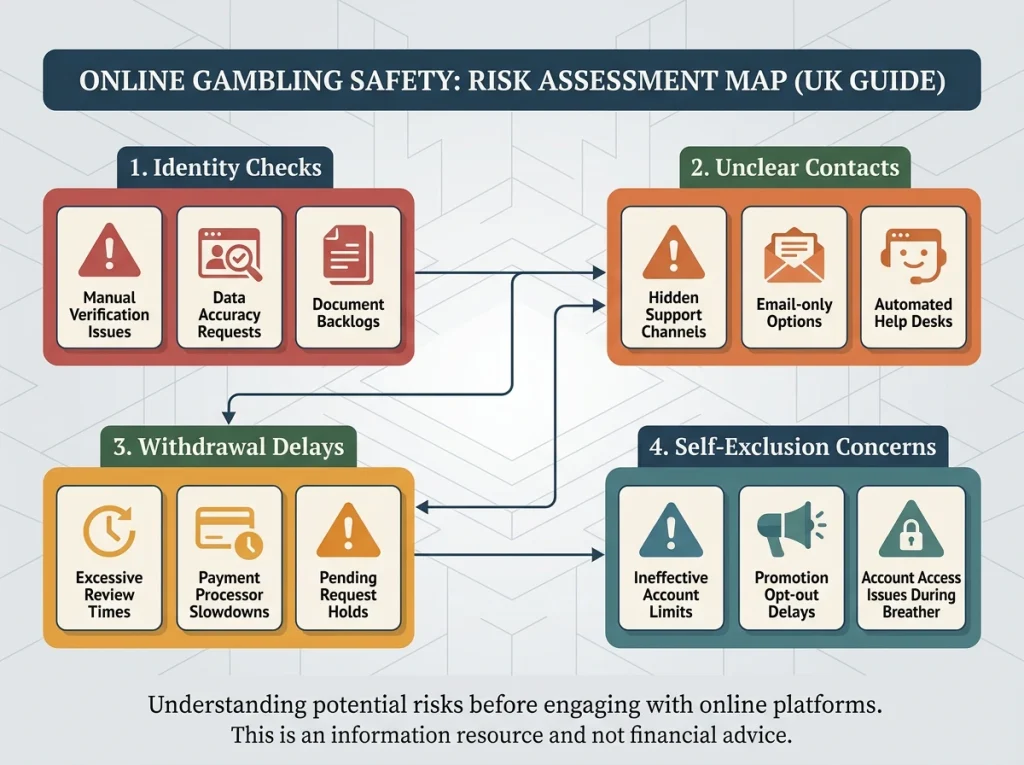 A risk map showing identity checks, withdrawal problems, unclear contacts and self-exclusion concerns