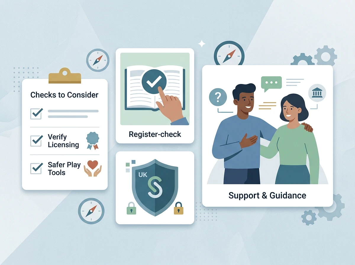Calm checklist showing GAMSTOP meaning, register checks and support choices
