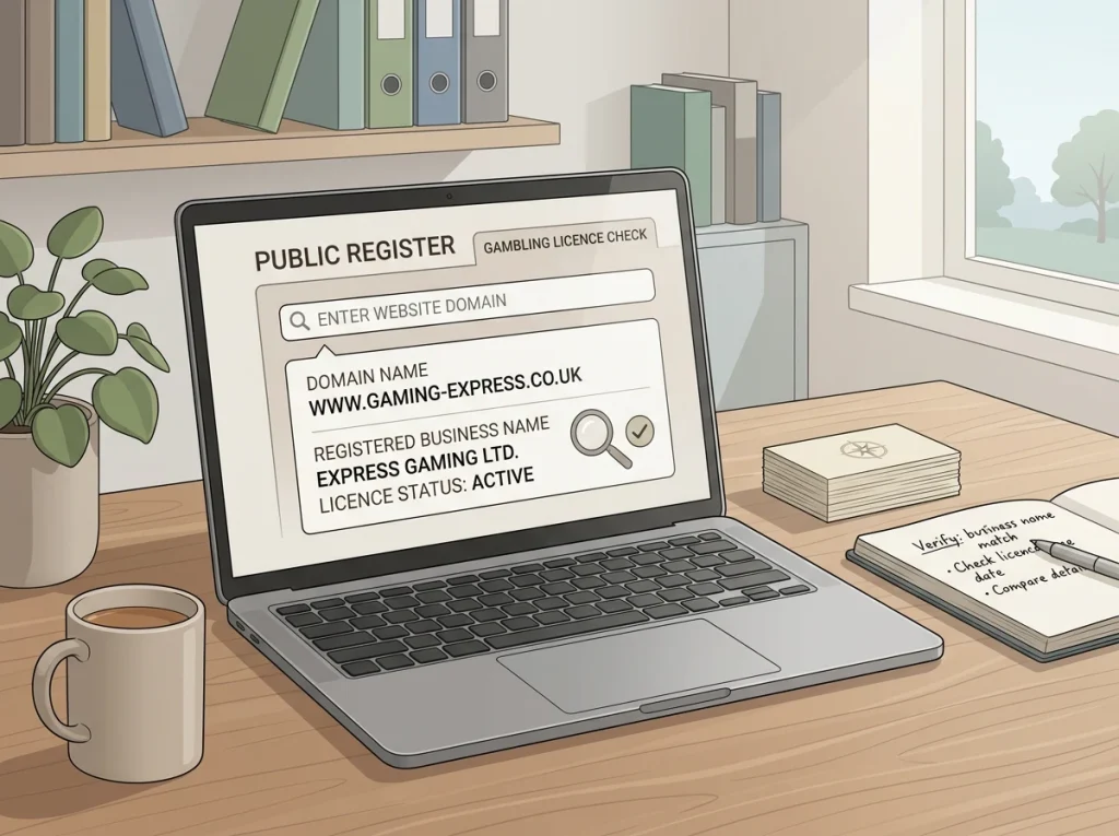 A careful register check with domain, business name and licence status compared side by side