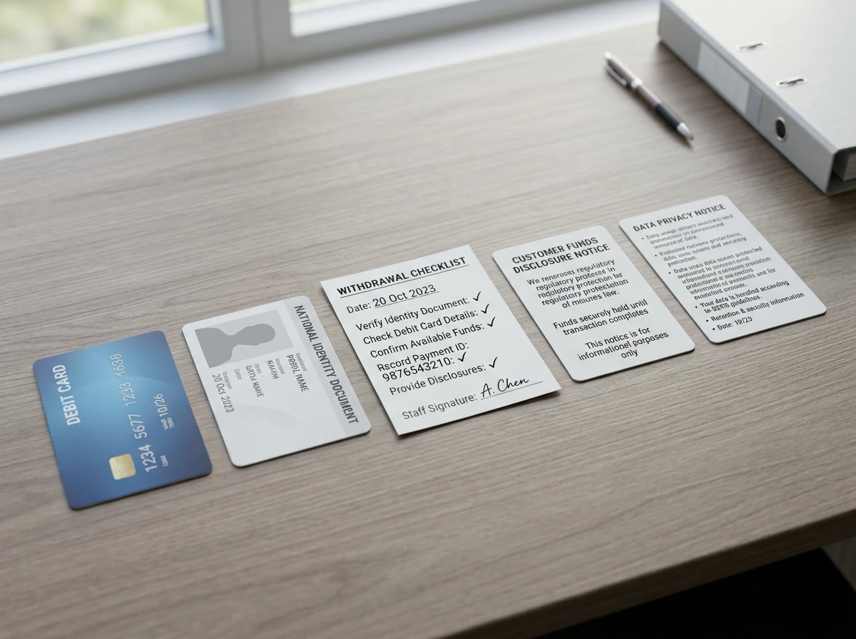 Payment card, identity document and withdrawal notes on a neutral desk