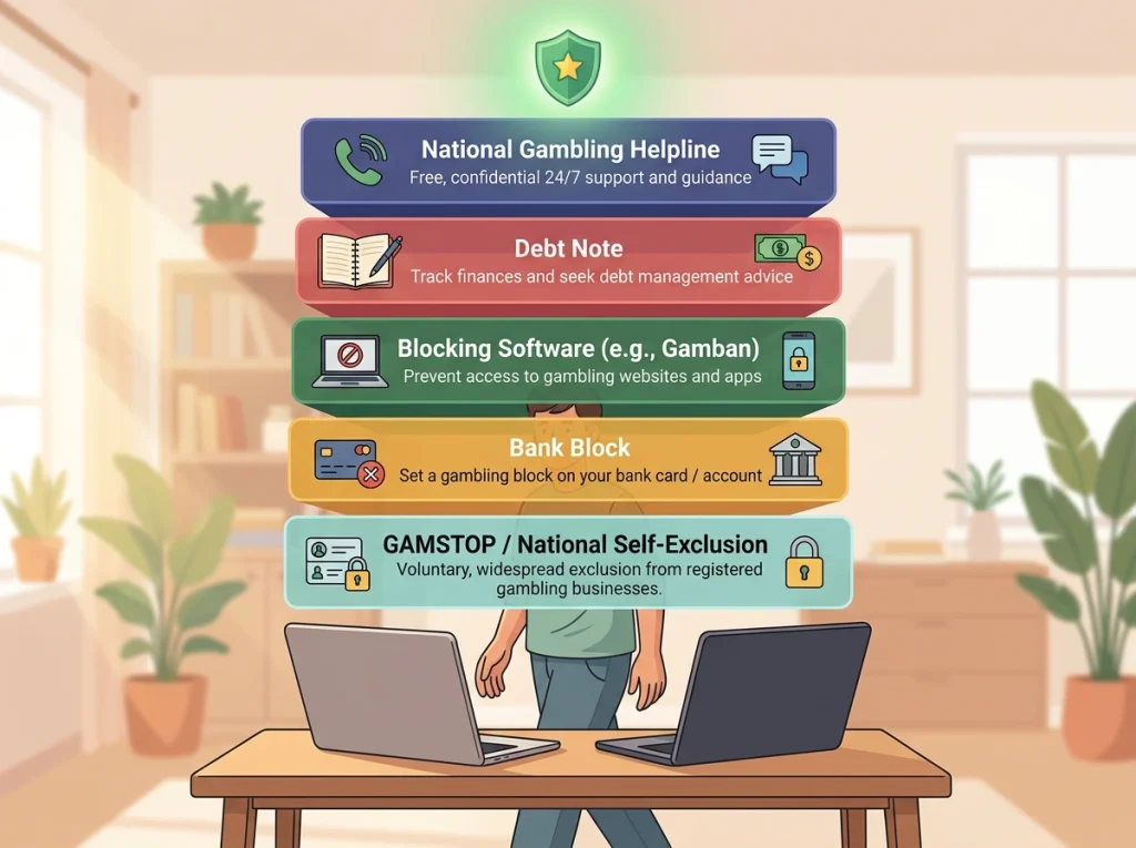 A calm support plan with self-exclusion, bank block, blocking software, debt help and helpline layers