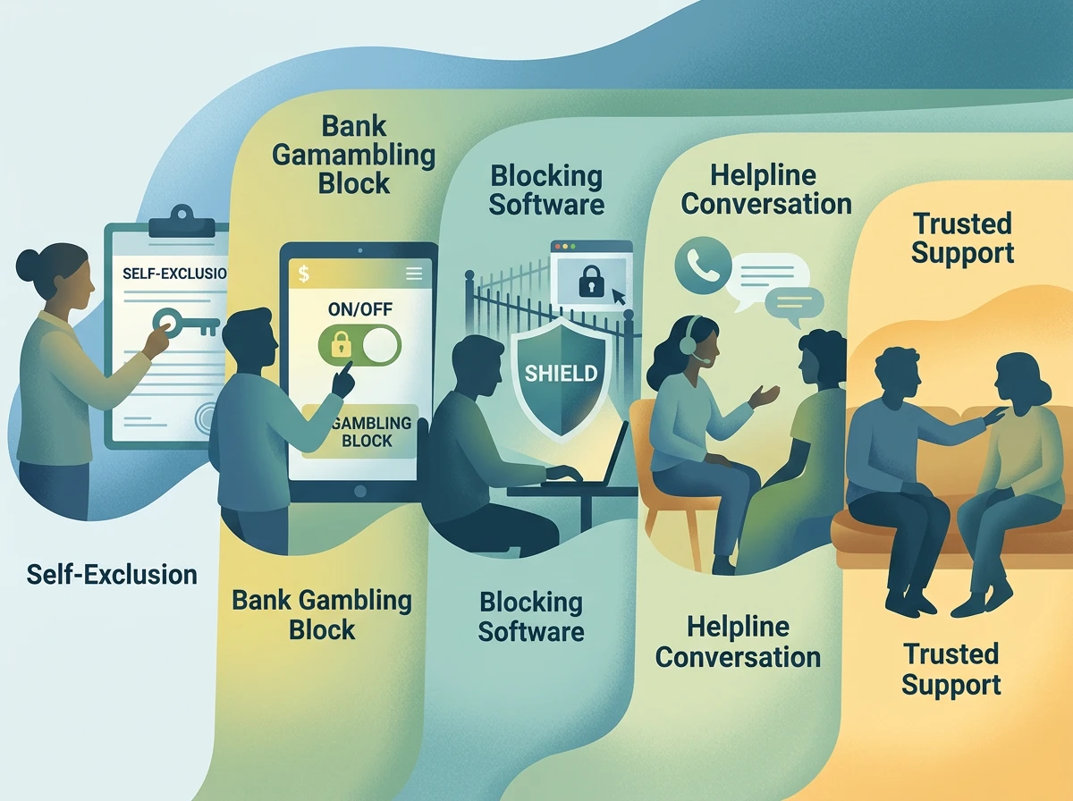 Support options shown as self-exclusion, bank block and helpline cards